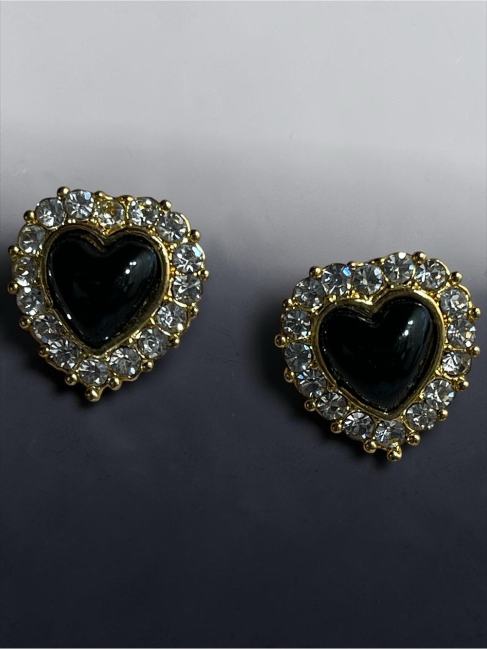 Black Enamel Heart Crystal Halo Gold Tone Post Earrings
